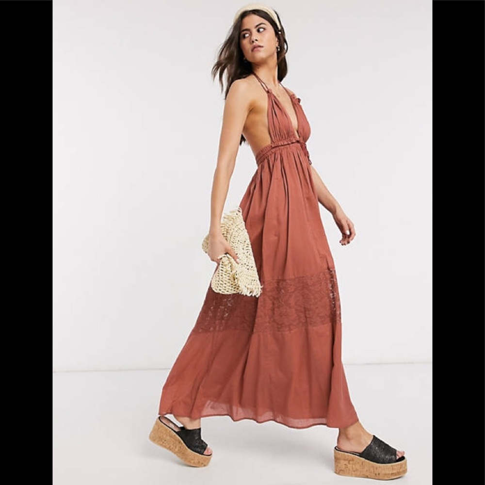 shoulder cami maxi dress with lace inserts in terracotta
